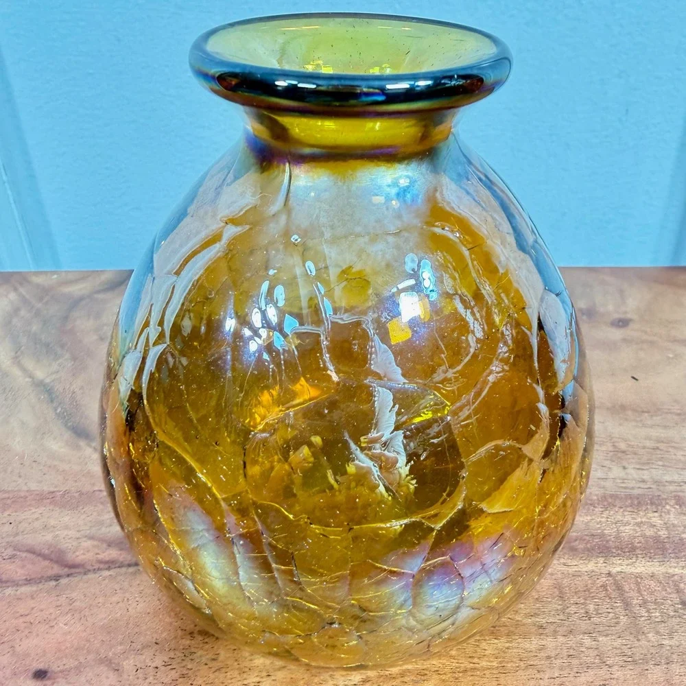 Vintage Amber Crackle Glass Vase Iridescent Hand Blown Round Bulbous Deco Vessel